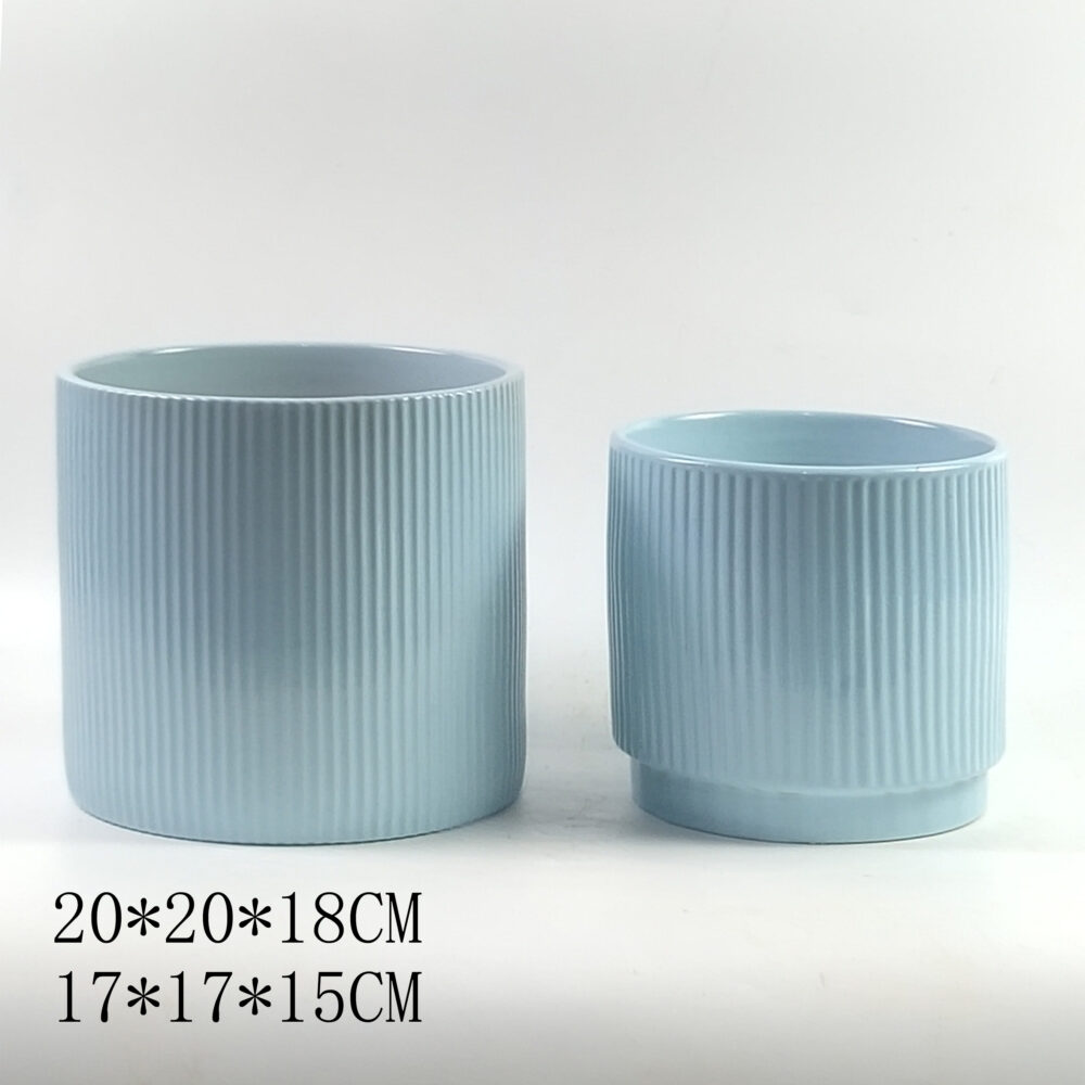 Set of 2 Vertical Ribbed Cylindrical Ceramic Plant Pots A386