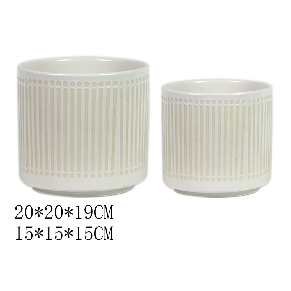 Set of 2 Cylindrical Ceramic Plant Pots with Embossed Geometric Patterns A387