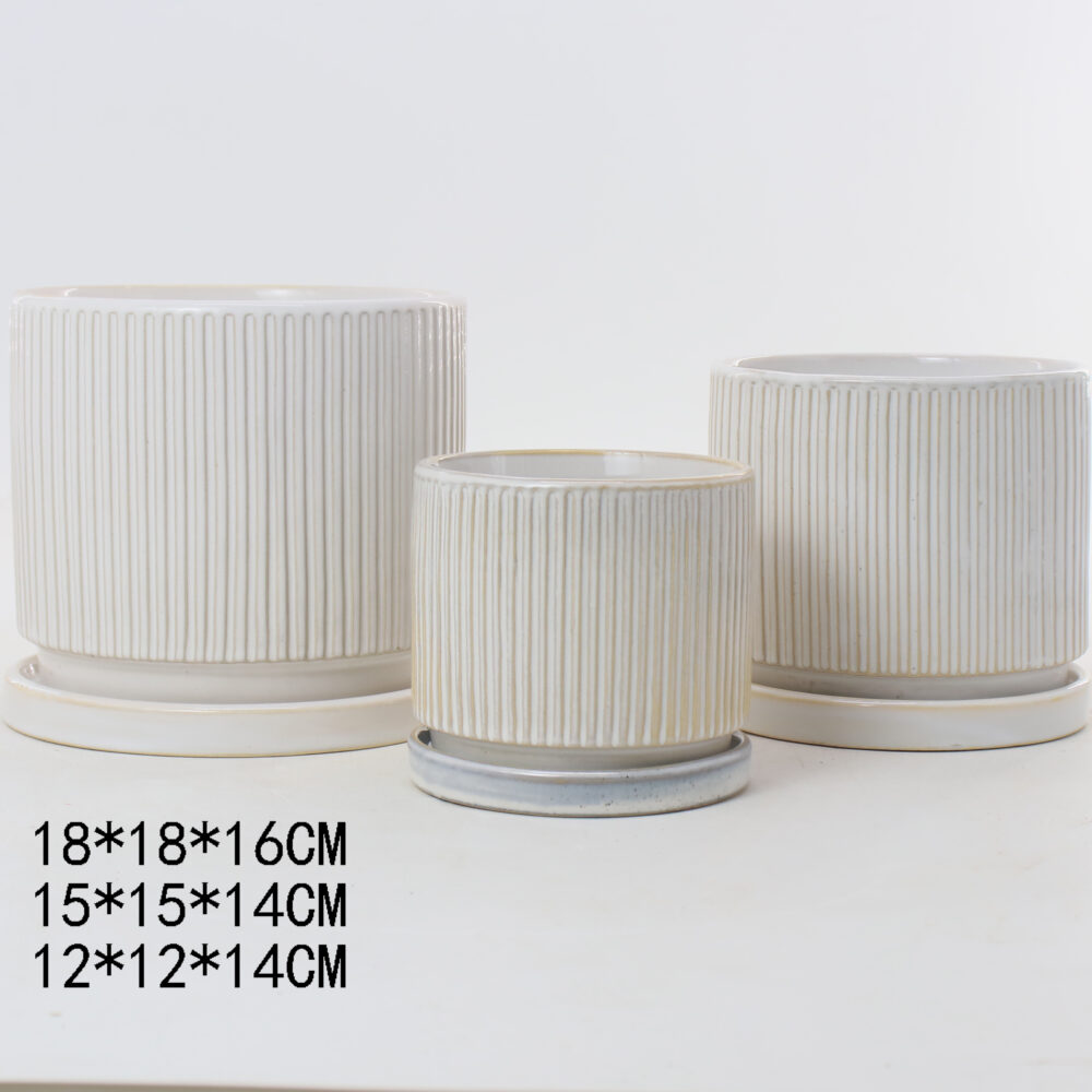 Set of 3 Vertical Ridged Cylindrical Ceramic Plant Pots with Matching Saucers  A396