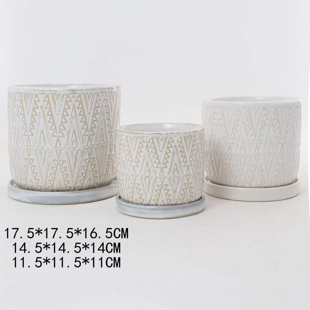 Set of 3 Embossed Geometric Ceramic Plant Pots with Matching Saucers  A399
