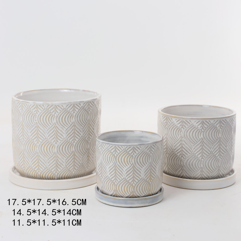 Set of 3 Embossed Leaf‑Pattern Ceramic Plant Pots with Matching Saucers A400