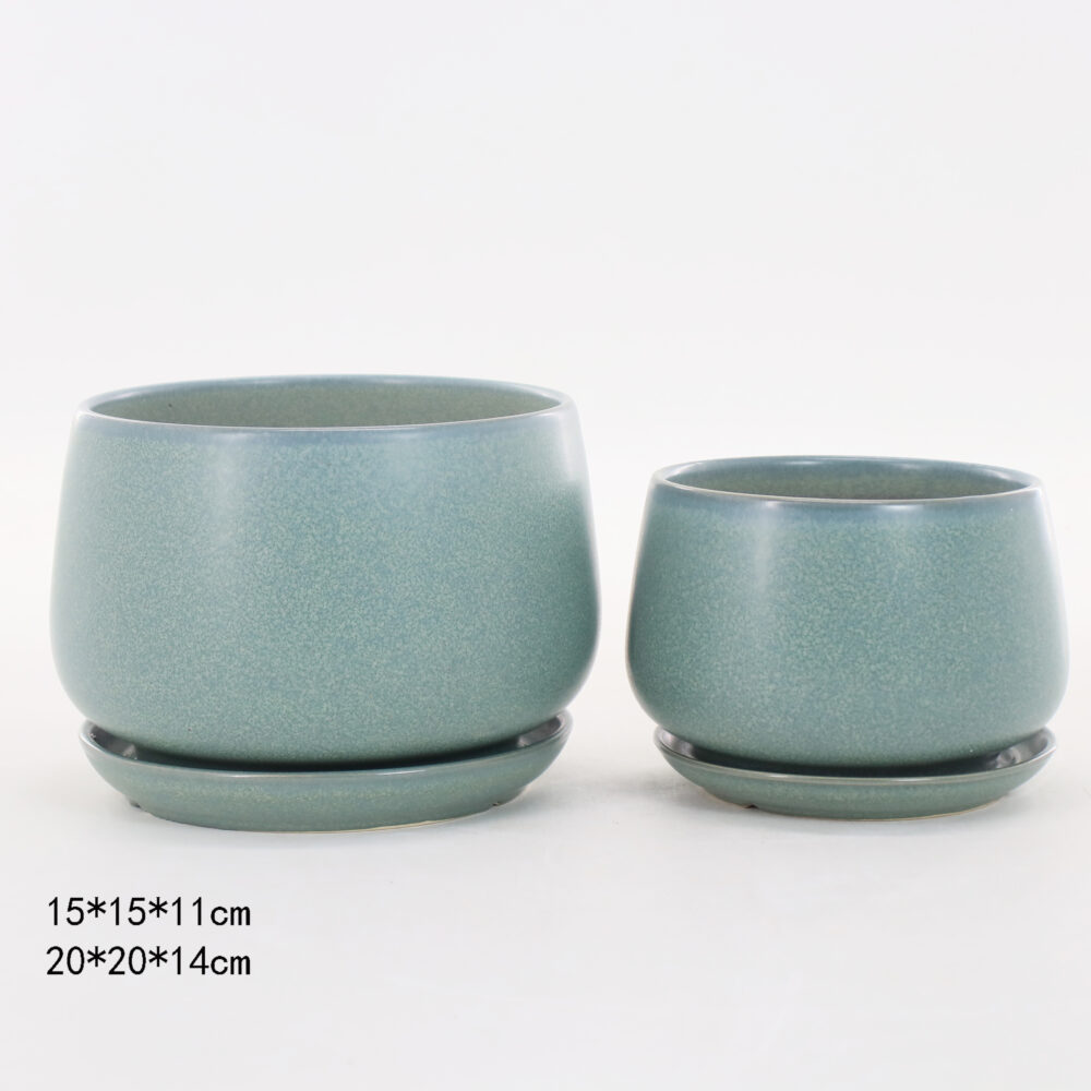 Set of 2 Rounded Bulbous Ceramic Plant Pots with Matching Saucers  A403