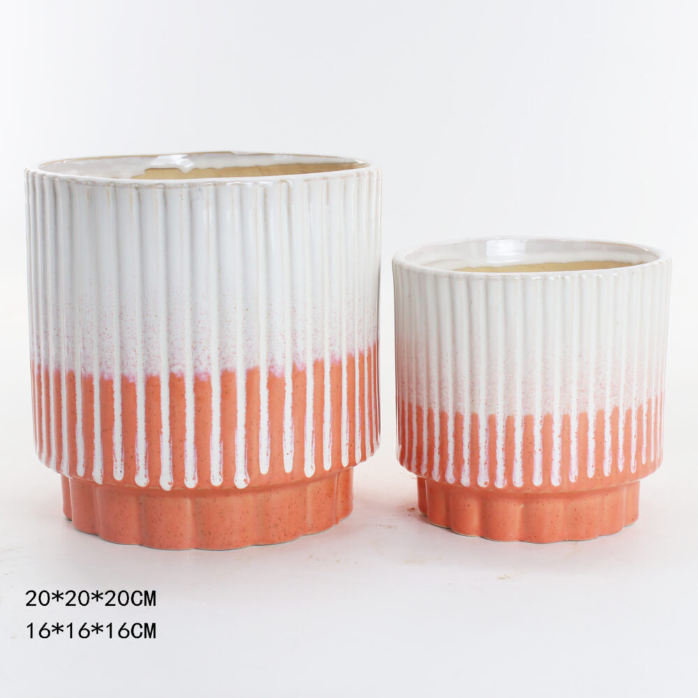 Set of 2 Vertical Fluted Cylindrical Ceramic Plant Pots with Raised Base  A424
