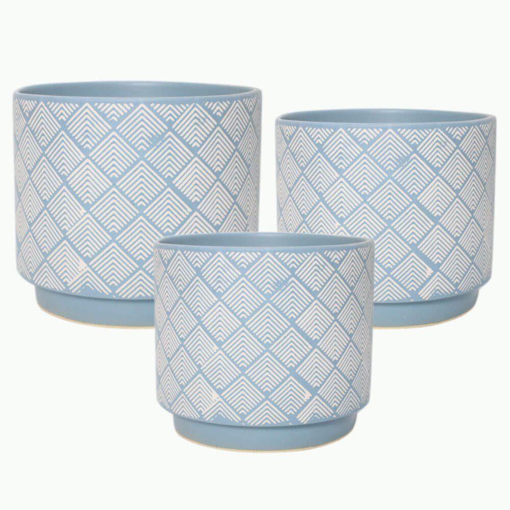 Set of 3 Cylindrical Ceramic Plant Pots with Embossed Geometric Pattern  A428