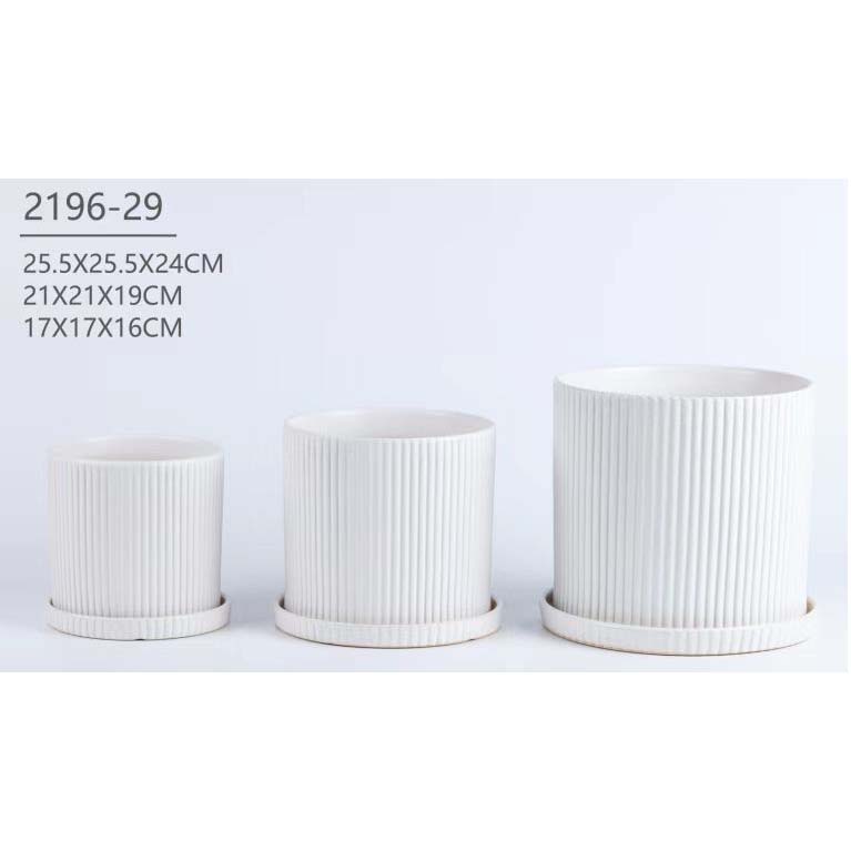 Set of 3 Ribbed Ceramic Plant Pots with Saucers A449