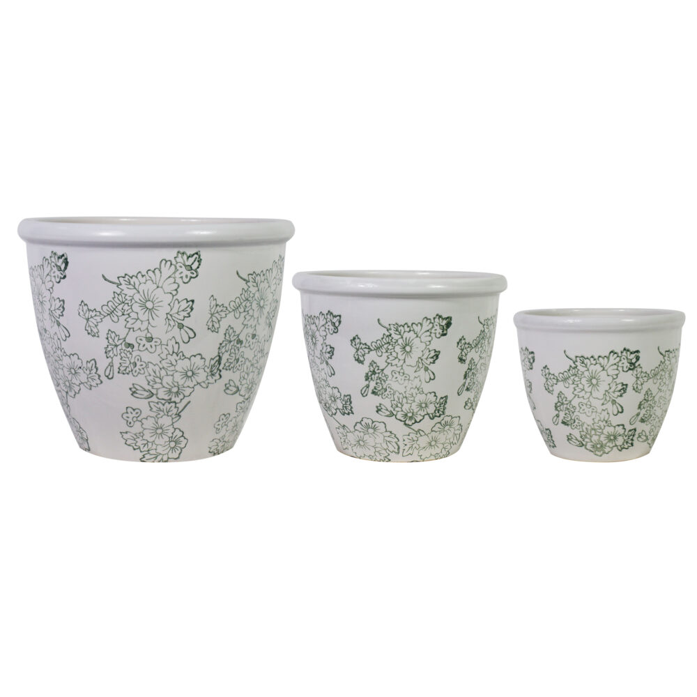 Set of 3 Floral Embossed Ceramic Plant Pots  A455