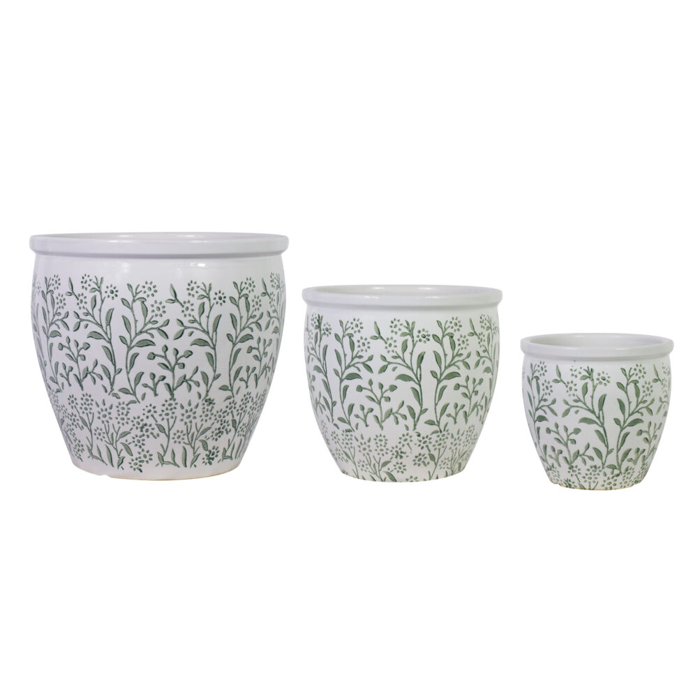 Set of 3 Botanical Embossed Ceramic Plant Pots  A456