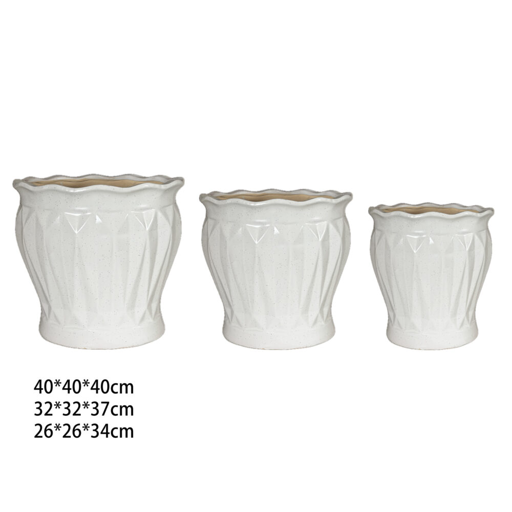 Set of 3 Diamond‑Embossed Ceramic Plant Pots with Scalloped Rim  A500