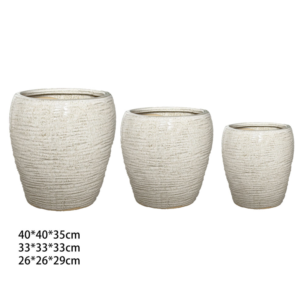 Set of 3 Horizontal‑Ribbed Ceramic Plant Pots  A501