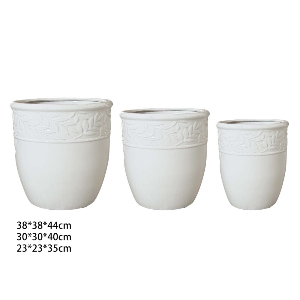 Ceramic Plant Pot Set, Embossed Leaf Pattern Planters for Home Garden A505