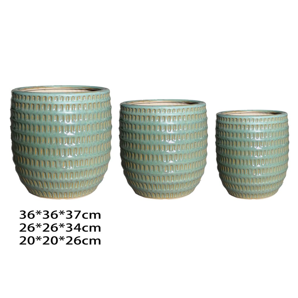 Ceramic Plant Pot Set, Grid Embossed Textured Planters for Indoor Outdoor Garden A507