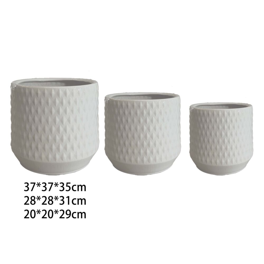 Ceramic Plant Pot Set, Raised Diamond Textured Cylindrical Planters for Indoor Outdoor A509