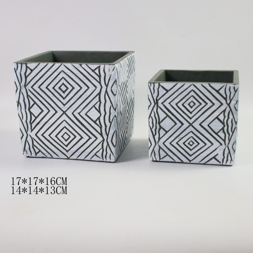 Square Ceramic Planter Set with Embossed Geometric Pattern  C022